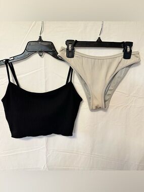 PacSun Black Ribbed Bikini Top with Bone Color Ribbed Bikini Bottom